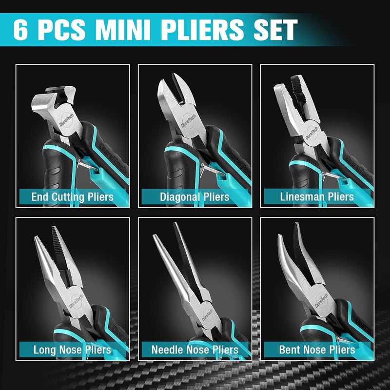 DURATECH Mini Pliers Set, 6PCS Jewelry Pliers Set, CRV Construction, Includes Needle Nose, Diagonal, Long Nose, Bent Nose, End Cutting and Linesman Pliers, for Making Crafts, Repairing Electronic - Image 2